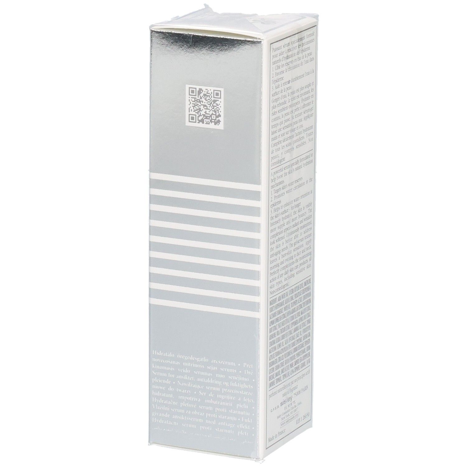 Sisley Hydra-Global Serum Anti-Aging Hydration Booster Verpackung mit QR-Code und Produktinformationen.