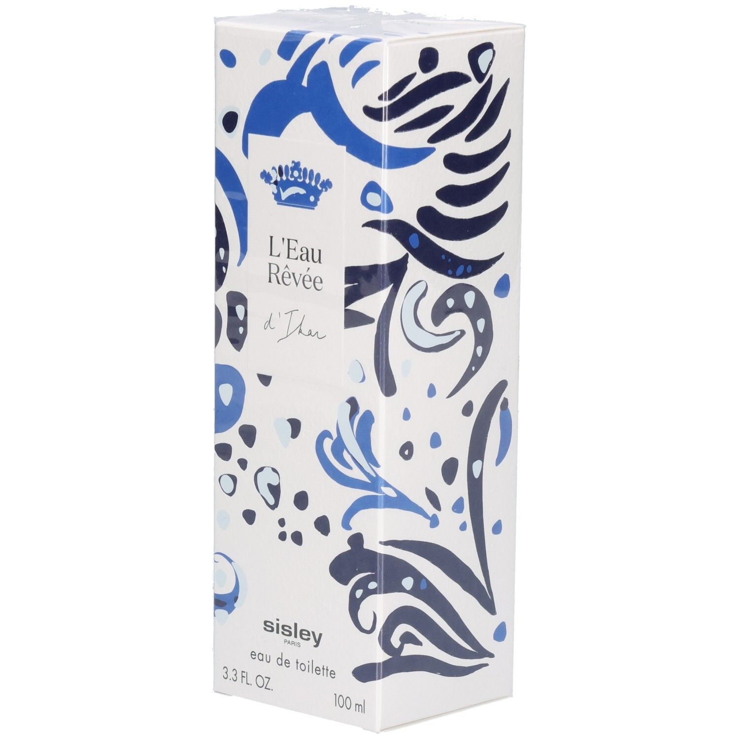 Verpackung von L'Eau Rêvée d'Ikar mit blau-weißem Muster und königlicher Krone.
