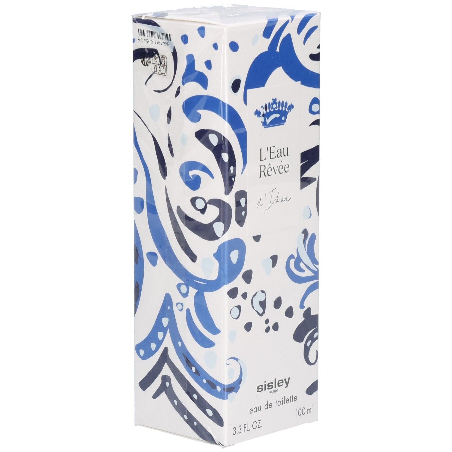 Verpackung von L'Eau Rêvée d'Ikar mit blau-weißem Muster und königlicher Krone.