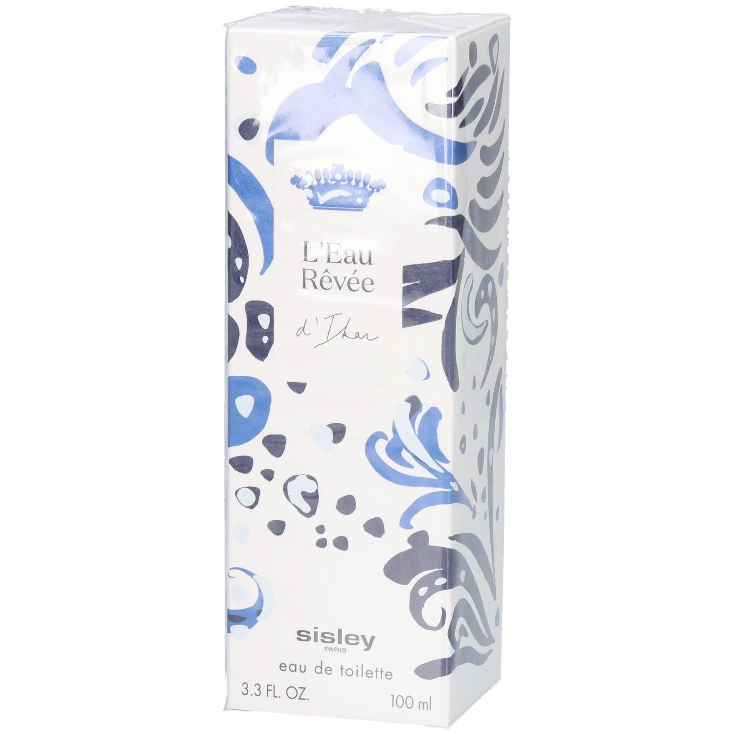 Verpackung von L'Eau Rêvée d'Ikar mit blau-weißem Muster und königlicher Krone.