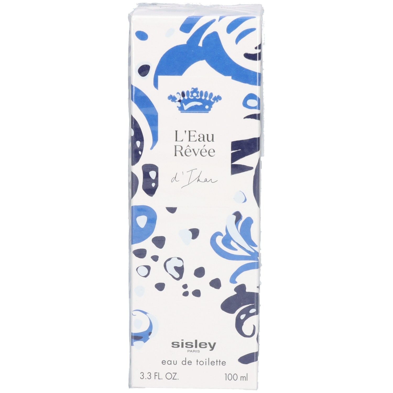 Verpackung von L'Eau Rêvée d'Ikar mit blau-weißem Muster und königlicher Krone.