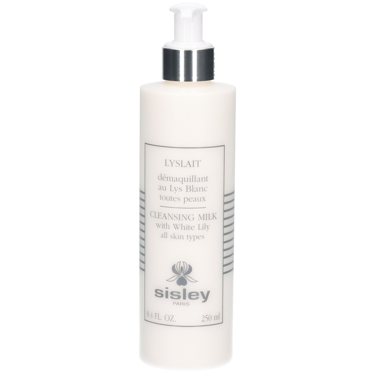 Weiße Flasche mit Pumpspender, Sisley Lyslait Reinigungsmilch, 250 ml.