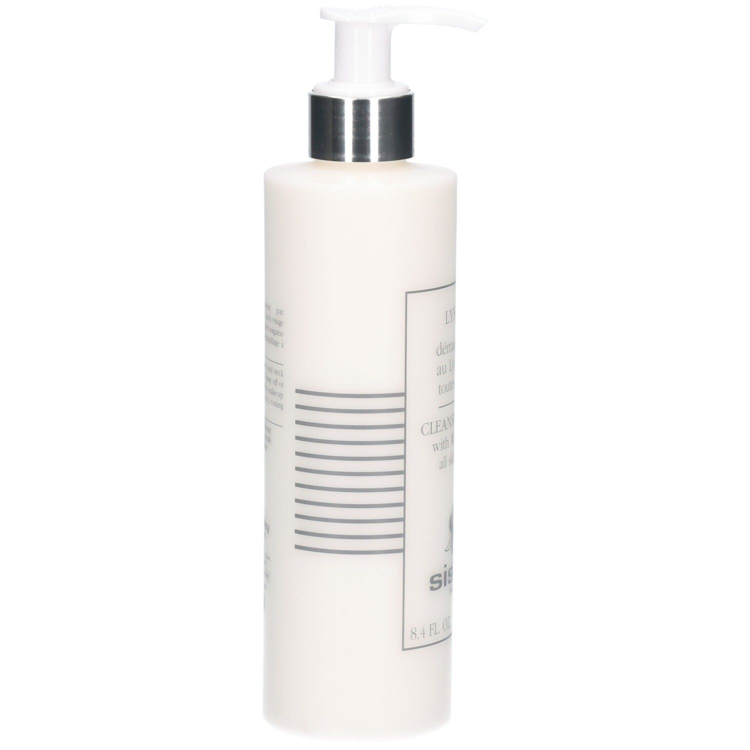 Seitenansicht einer weißen Flasche mit Pumpspender, Sisley Lyslait Reinigungsmilch, 250 ml.