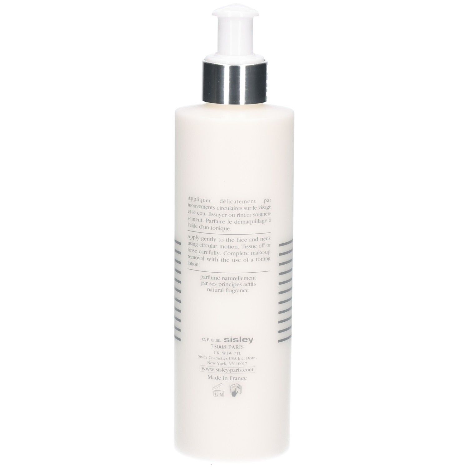 Rückseite einer weißen Flasche mit Pumpspender, Sisley Lyslait Reinigungsmilch, 250 ml.