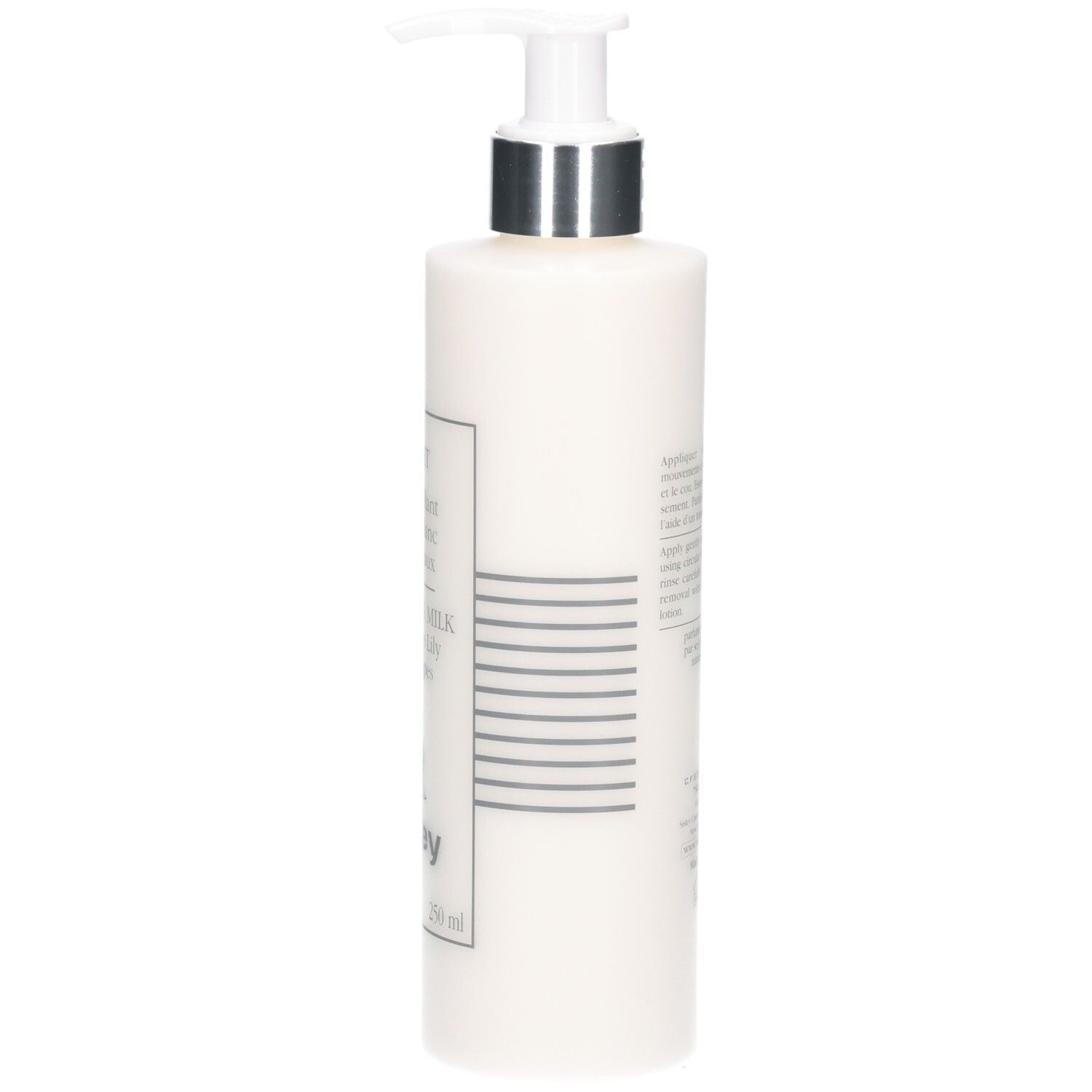 Seitenansicht einer weißen Flasche mit Pumpspender, Sisley Lyslait Reinigungsmilch, 250 ml.