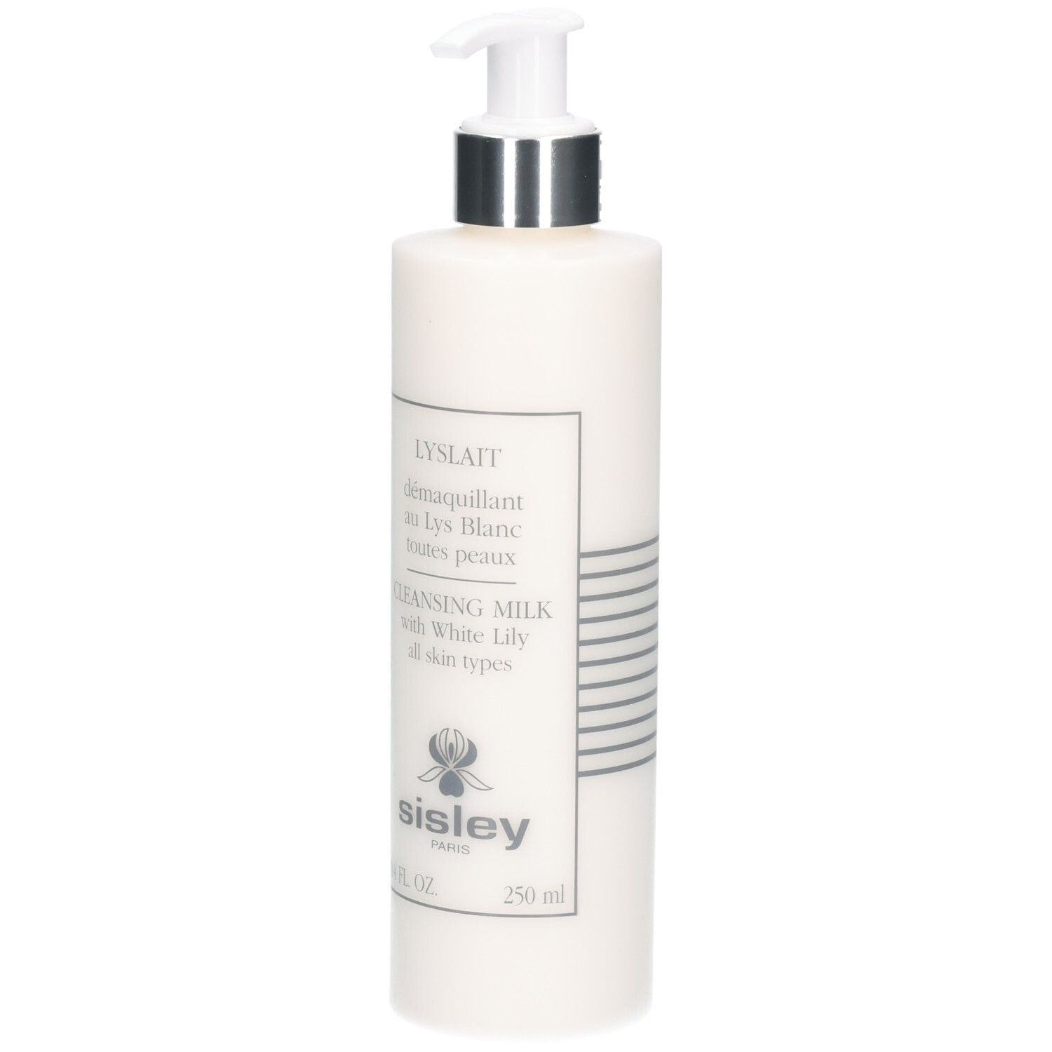 Weiße Flasche mit Pumpspender, Sisley Lyslait Reinigungsmilch, 250 ml.