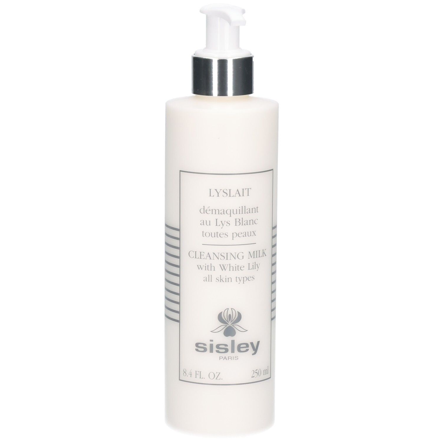 Weiße Flasche mit Pumpspender, Sisley Lyslait Reinigungsmilch, 250 ml.