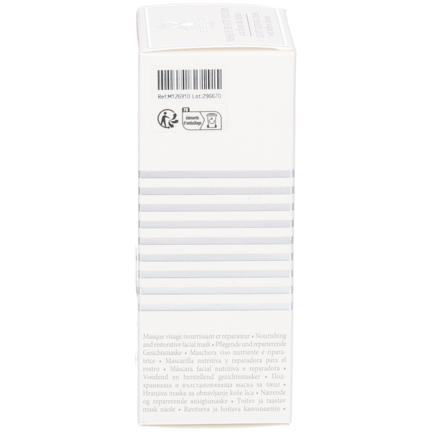 Seite der Sisley Masque de Nuit Velours Verpackung mit Barcode und Hinweisen.