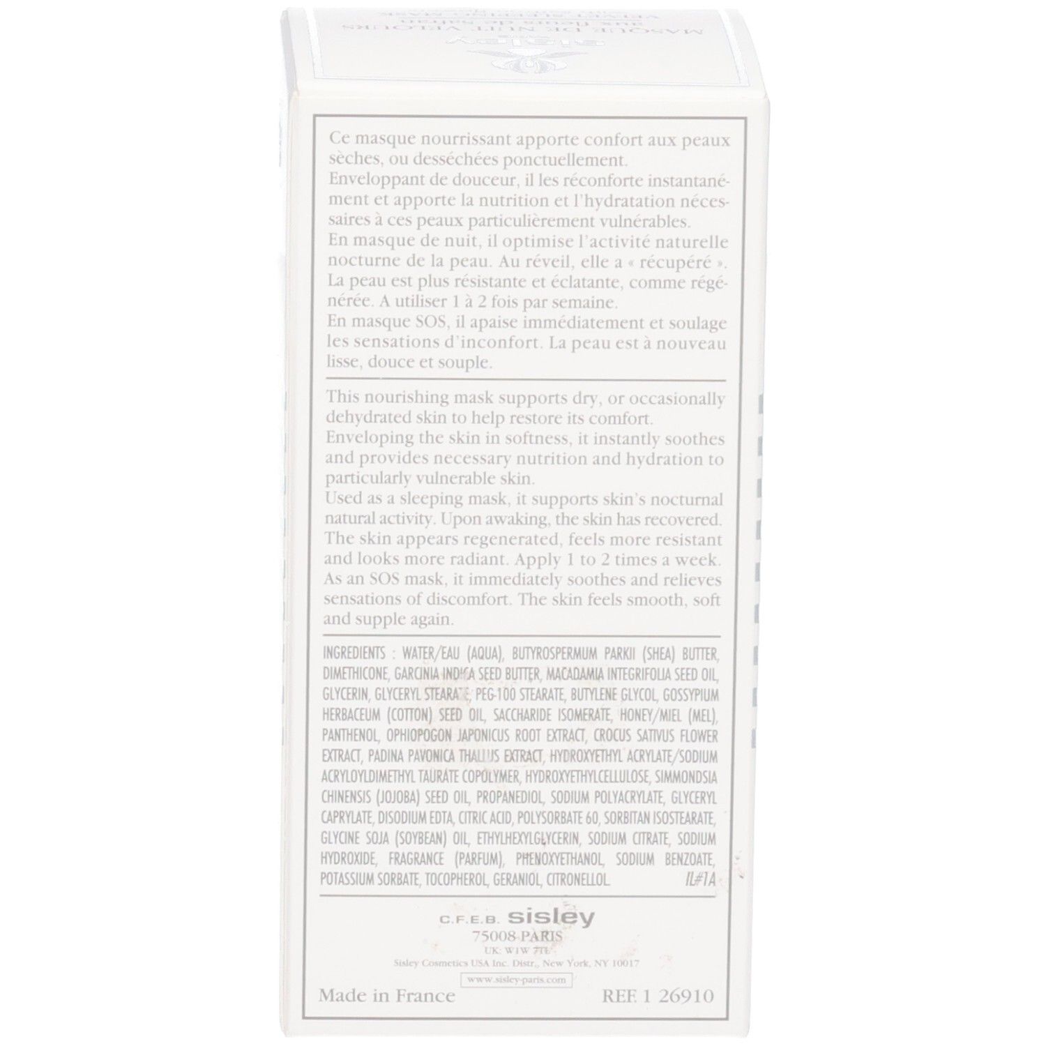 Rückseite der Sisley Masque de Nuit Velours Verpackung mit Inhaltsstoffen.