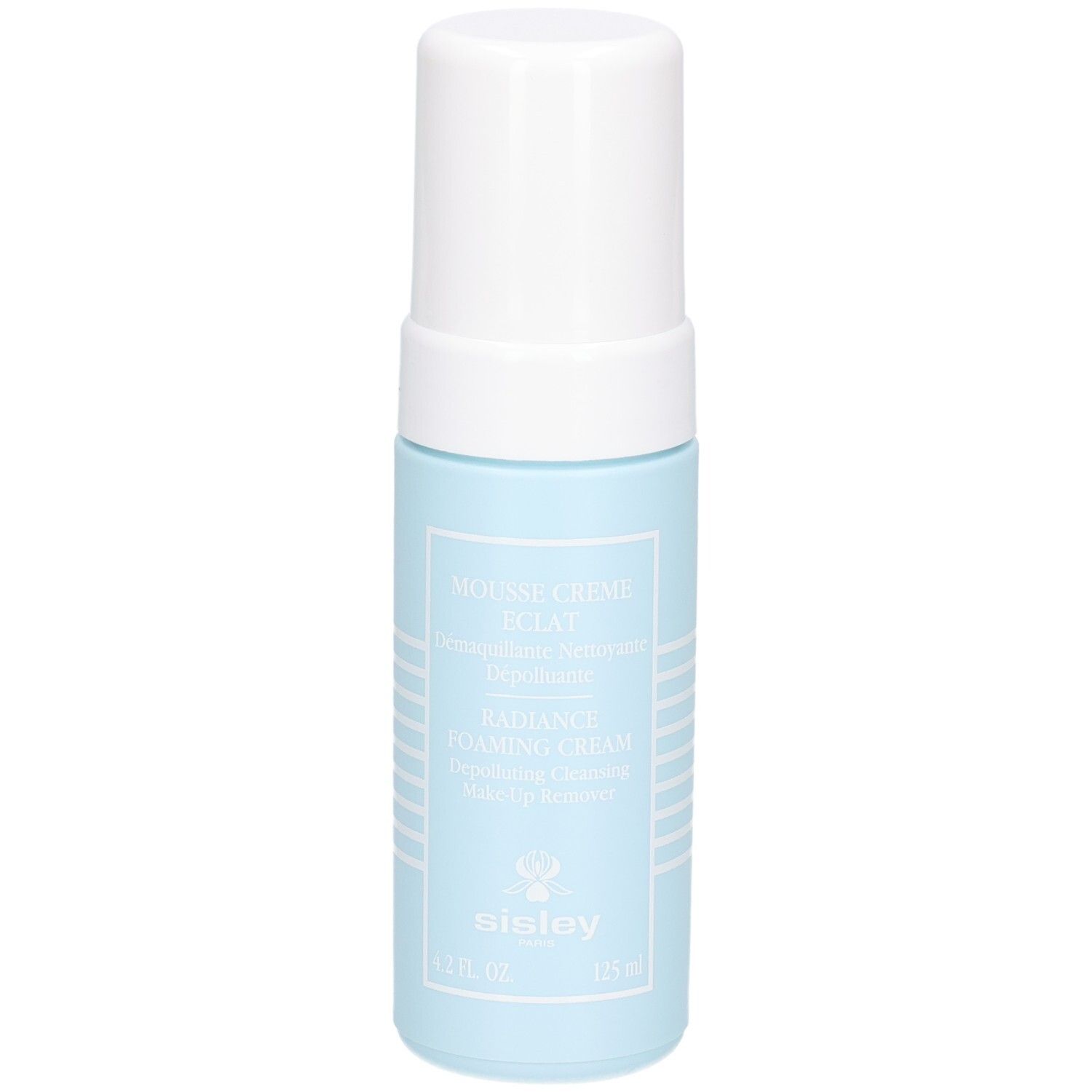 Sisley Mousse Crème Eclat, blaue Flasche mit weißem Pumpspender und Kappe. 125 ml.