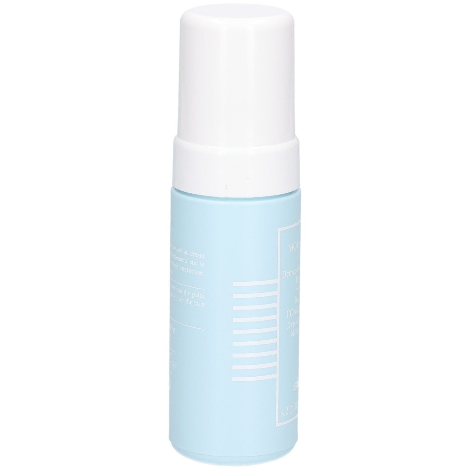 Sisley Mousse Crème Eclat, blaue Flasche mit weißem Pumpspender und Kappe, Seitenansicht. 125 ml.