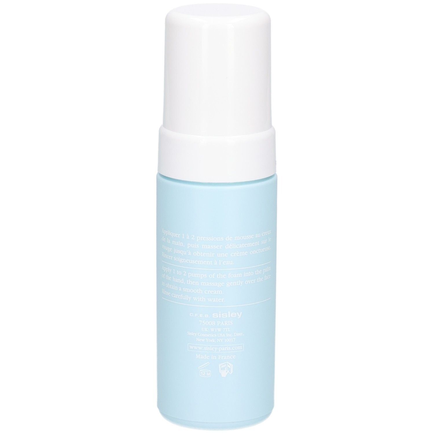 Sisley Mousse Crème Eclat, Rückseite der blauen Flasche mit weißen Textdetails. 125 ml.