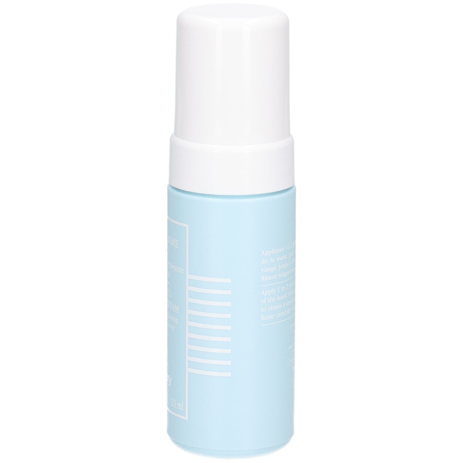 Sisley Mousse Crème Eclat, blaue Flasche mit weißem Pumpspender und Kappe, Seitenansicht. 125 ml.