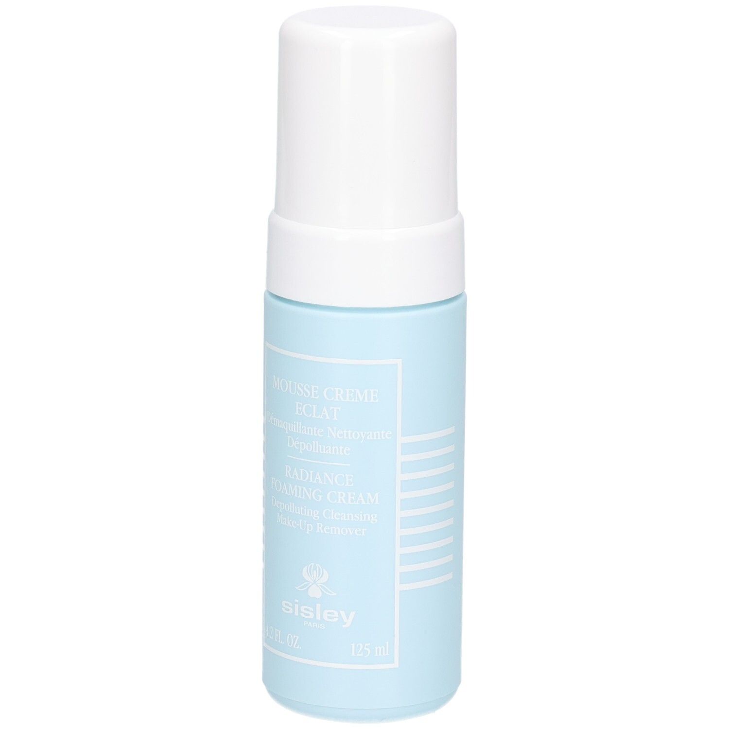 Sisley Mousse Crème Eclat, blaue Flasche mit weißem Pumpspender und Kappe. 125 ml.