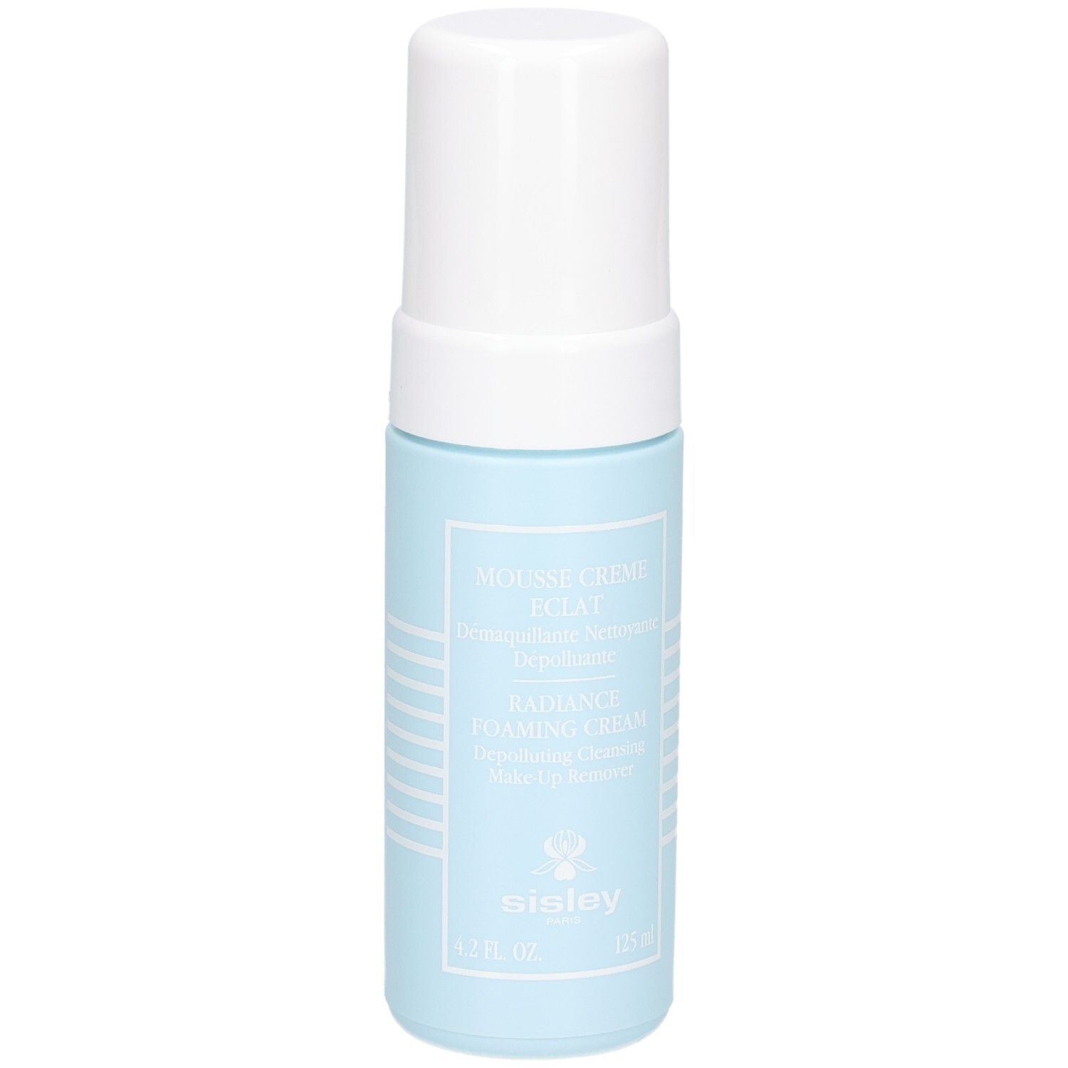 Sisley Mousse Crème Eclat, blaue Flasche mit weißem Pumpspender und Kappe. 125 ml.