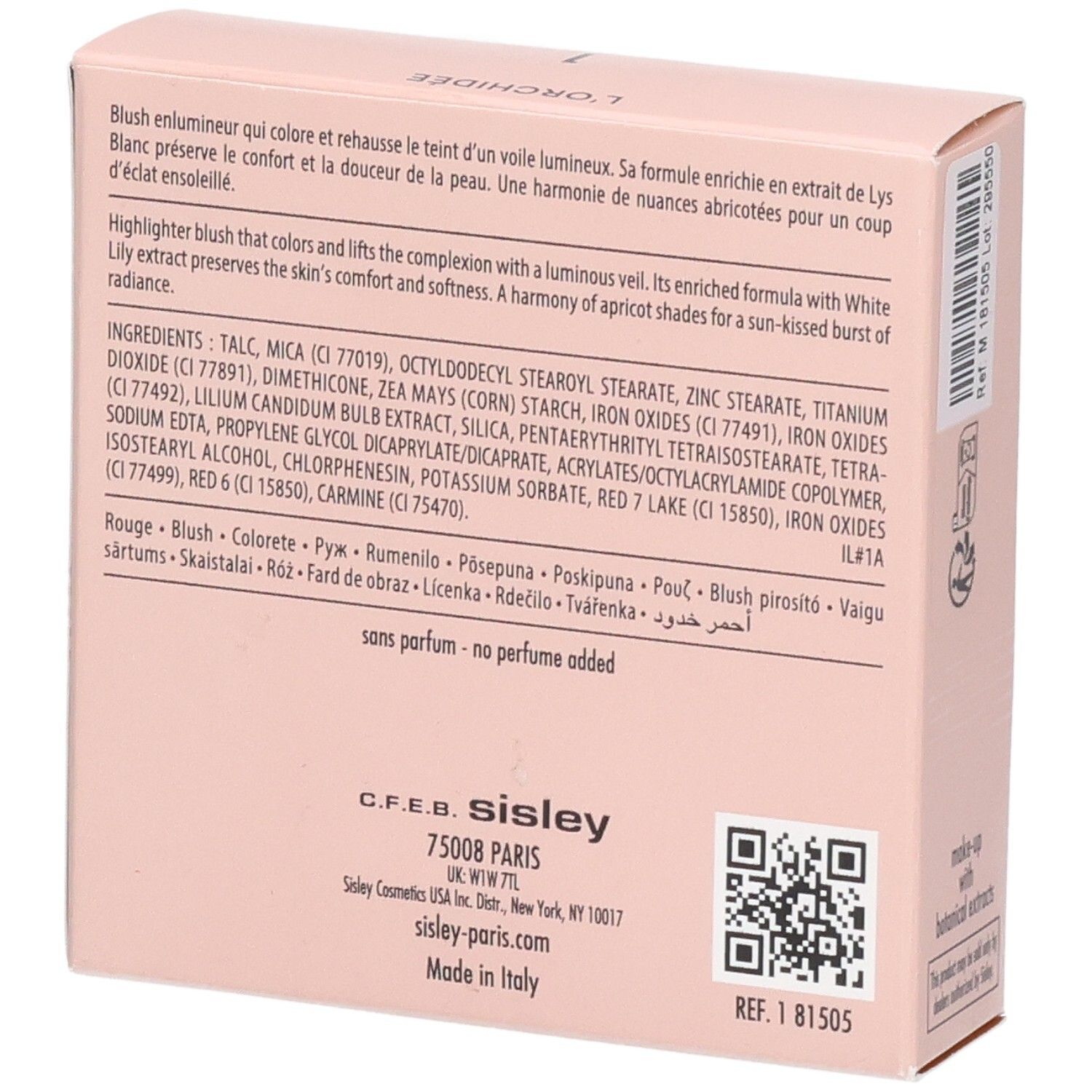 Sisley L'Orchidée Highlighter Blush 1, Rückseite der Verpackung mit Inhaltsstoffen und Details.