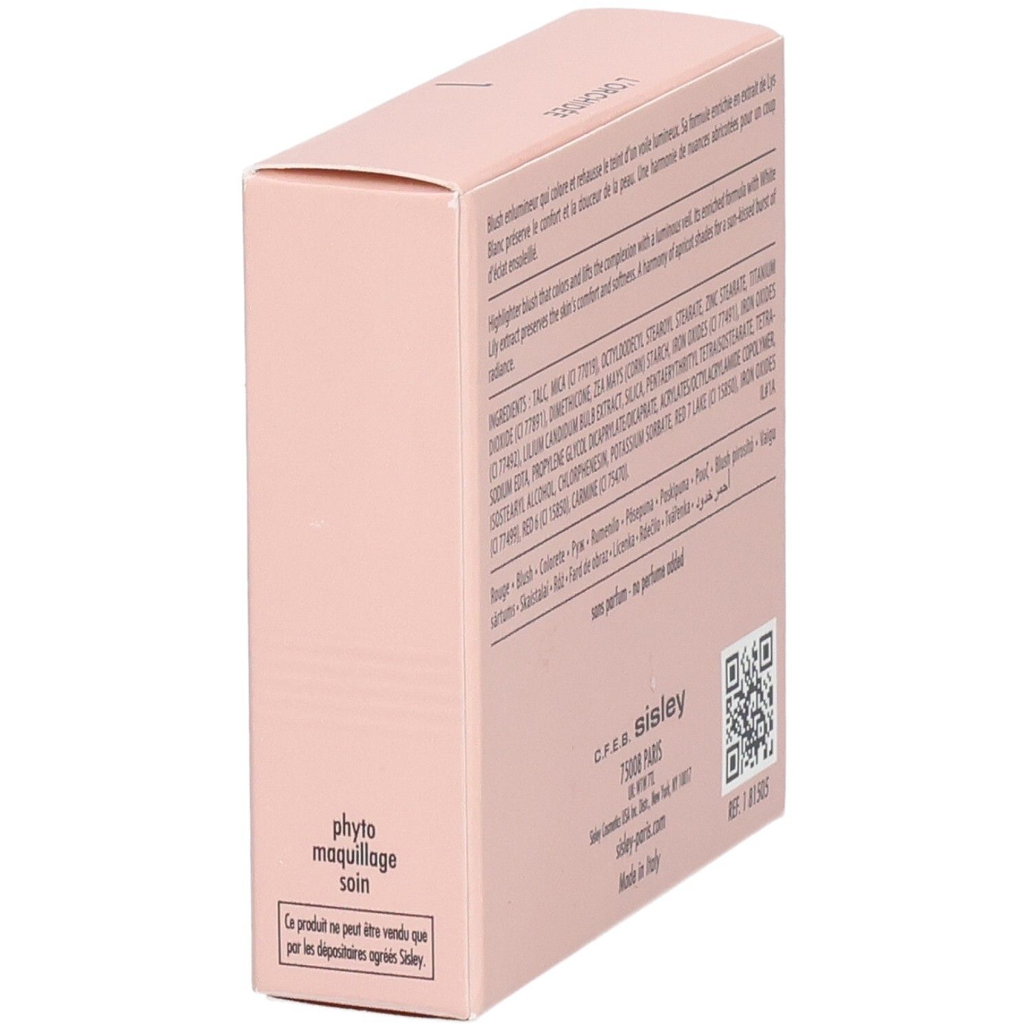 Sisley L'Orchidée Highlighter Blush 1, Seitenansicht der Verpackung mit Produktinformationen.