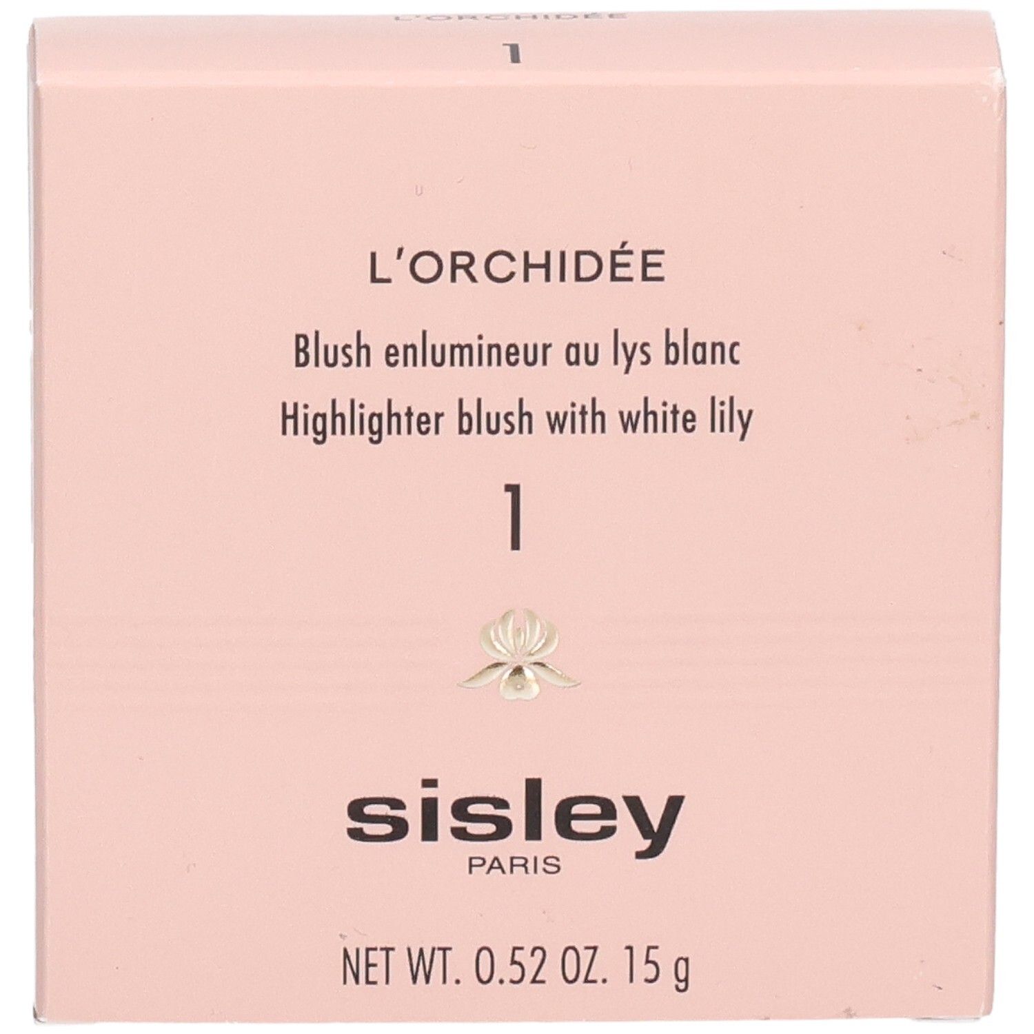 Sisley L'Orchidée Highlighter Blush 1, Vorderseite der Verpackung mit Produktnamen und Gewicht.