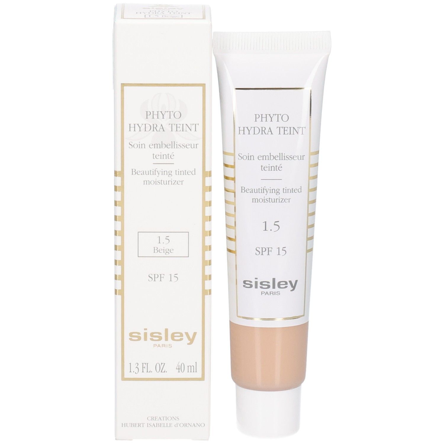 Sisley Phyto-Hydra Teint, Farbton 1.5 Beige, getönte Feuchtigkeitscreme mit LSF 15 und Verpackung.