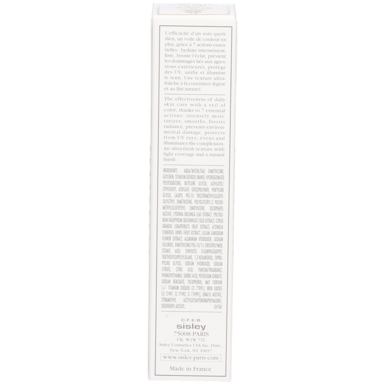 Sisley Phyto-Hydra Teint, Seitenansicht der Verpackung mit Inhaltsstoffen und Herstellerangaben.