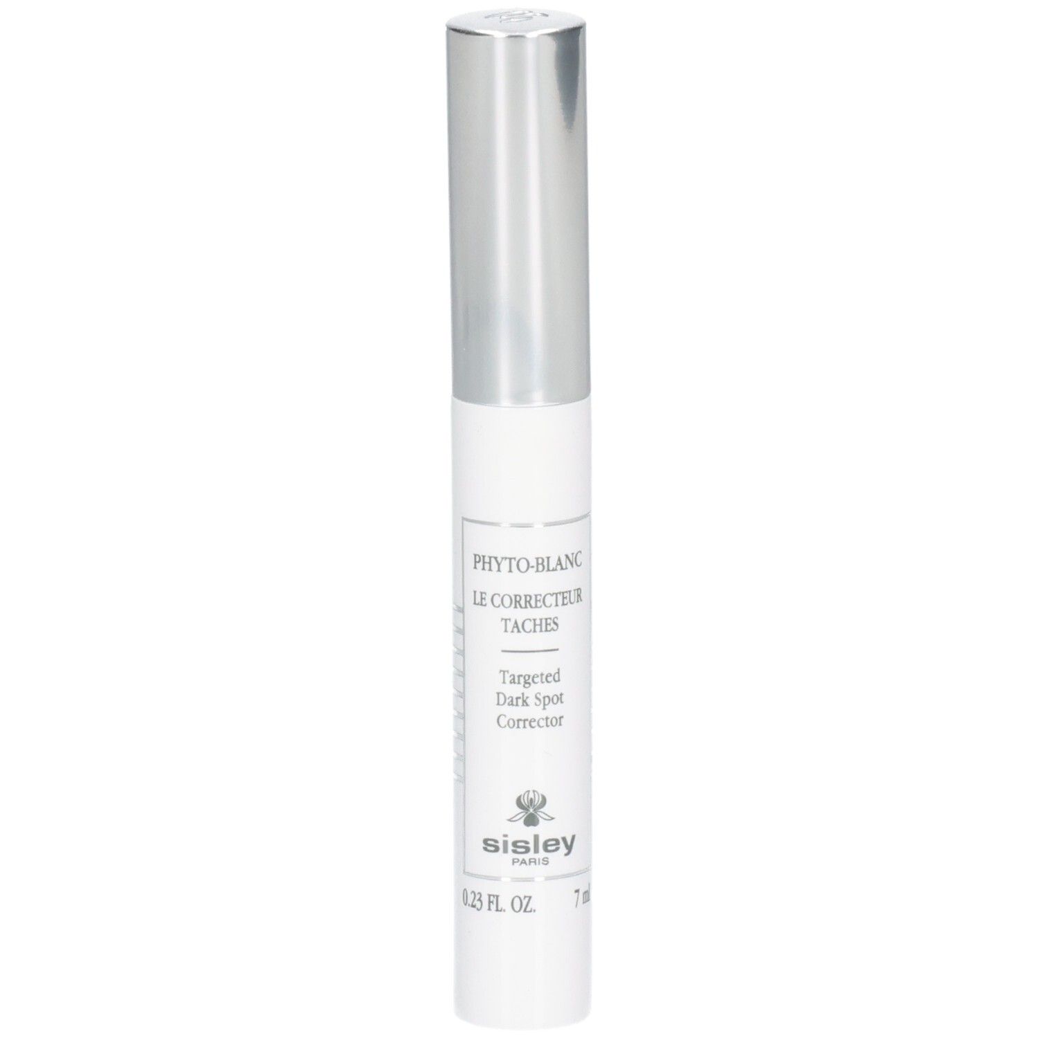 Sisley Phyto-Blanc Targeted Dark Spot Corrector Stift mit silbernem Verschluss.