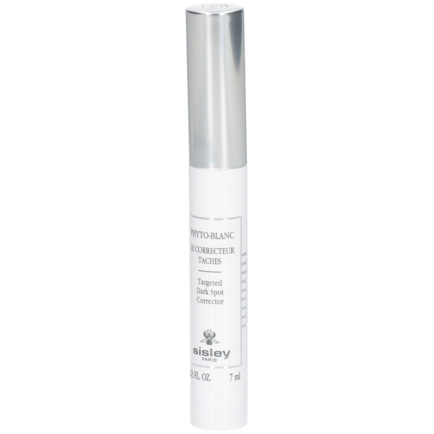 Sisley Phyto-Blanc Targeted Dark Spot Corrector Stift mit silbernem Verschluss.
