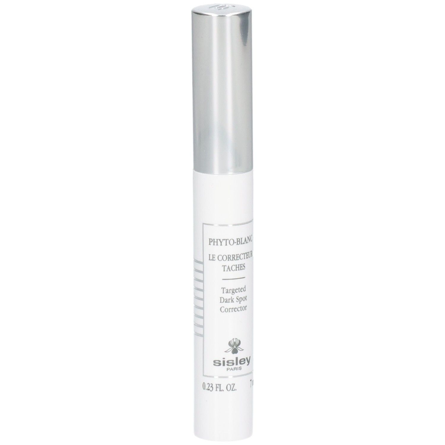 Sisley Phyto-Blanc Targeted Dark Spot Corrector Stift mit silbernem Verschluss.