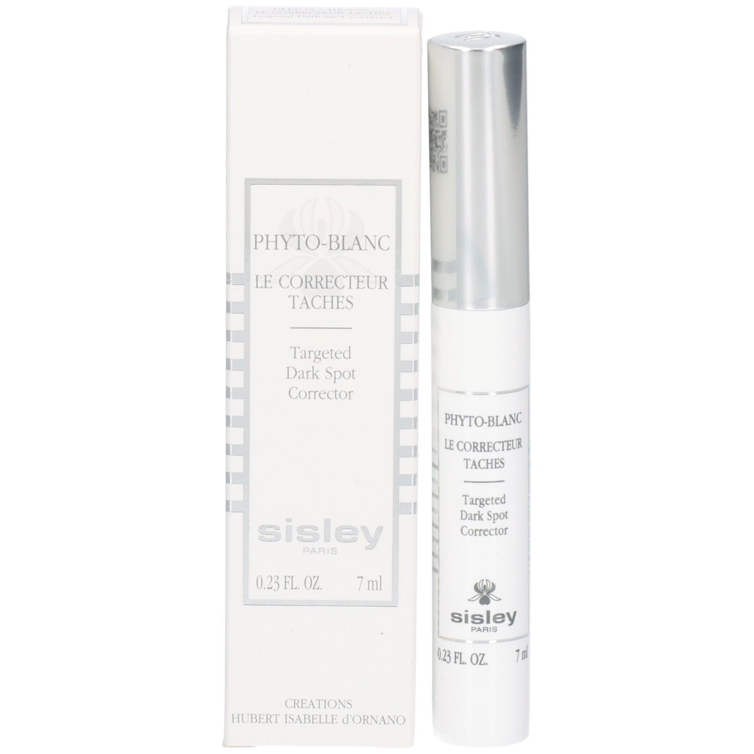Sisley Phyto-Blanc Targeted Dark Spot Corrector Stift und Verpackung mit silbernem Verschluss.