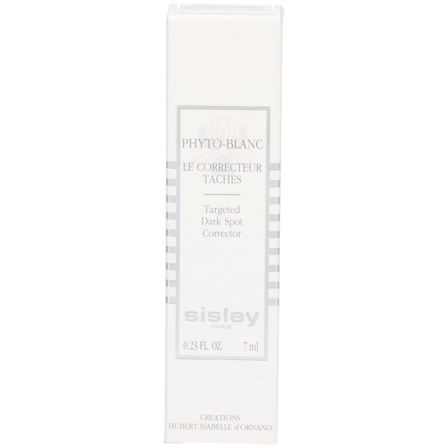 Verpackung des Sisley Phyto-Blanc Targeted Dark Spot Corrector mit silbernem Verschluss.