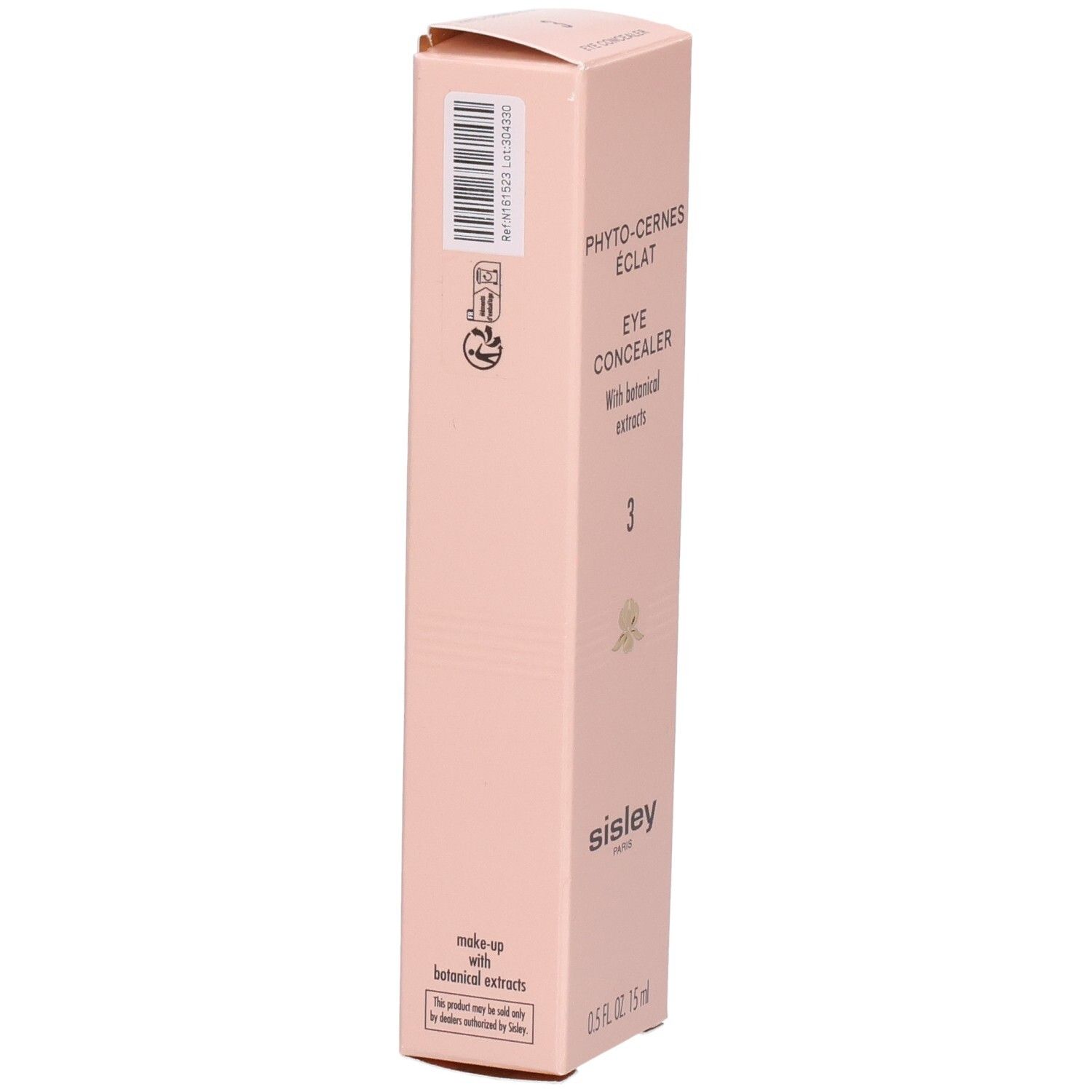 Sisley Phyto-Cernes Éclat Augen-Concealer, Farbe 3, Rückseite der Verpackung mit Barcode und Informationen.