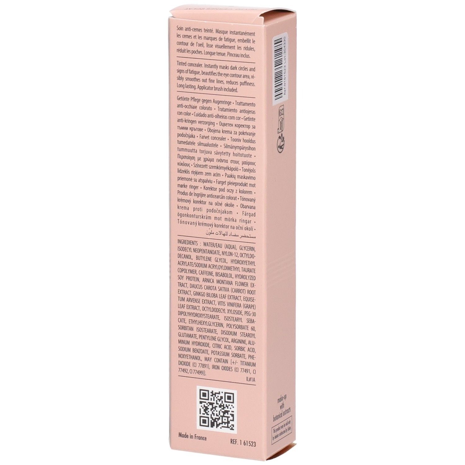 Sisley Phyto-Cernes Éclat Augen-Concealer, Farbe 3, Seitenansicht der Verpackung mit Inhaltsstoffen.