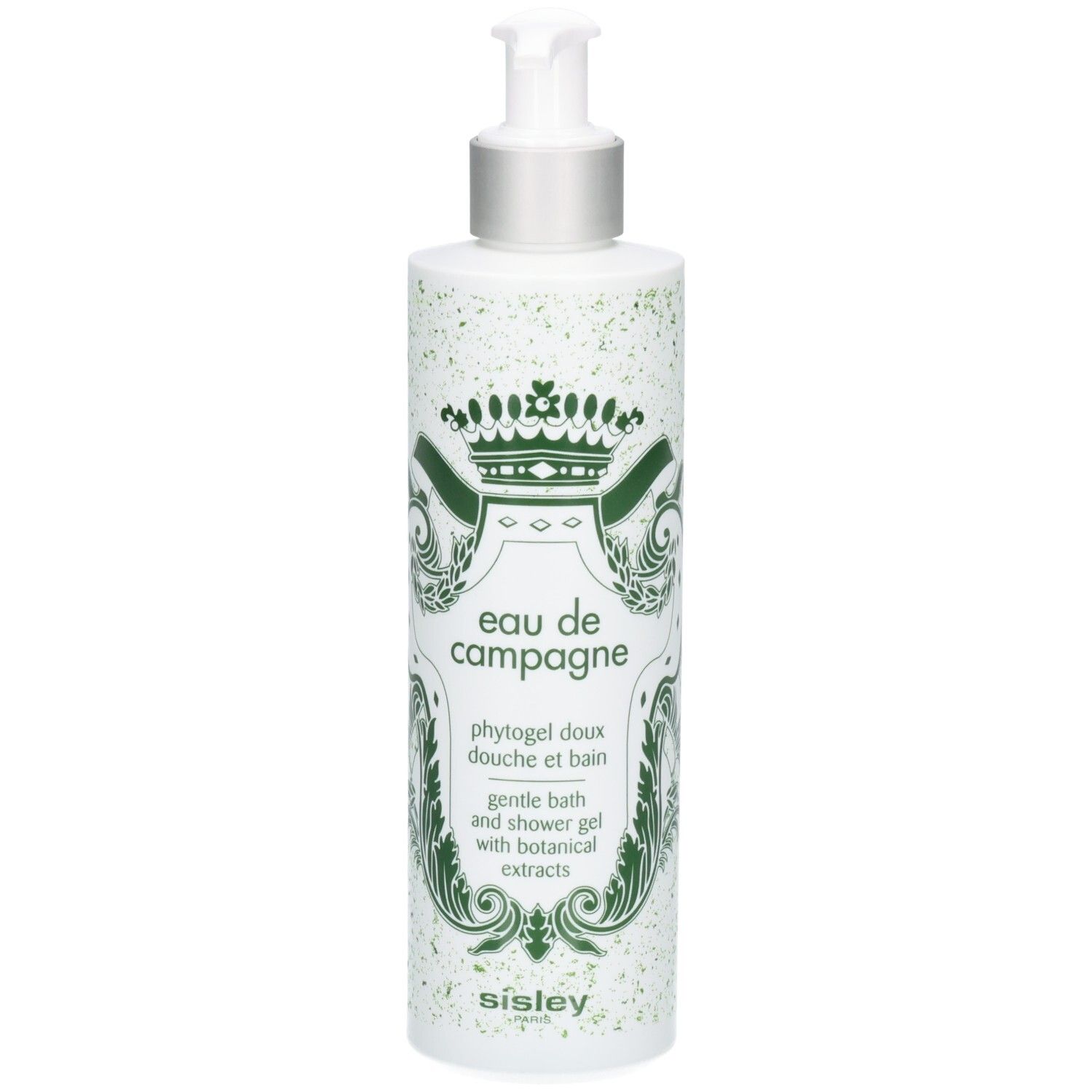Sisley Eau de Campagne Duschgel mit Pumpspender. Weiße Flasche mit grünen Verzierungen und königlichem Wappen.