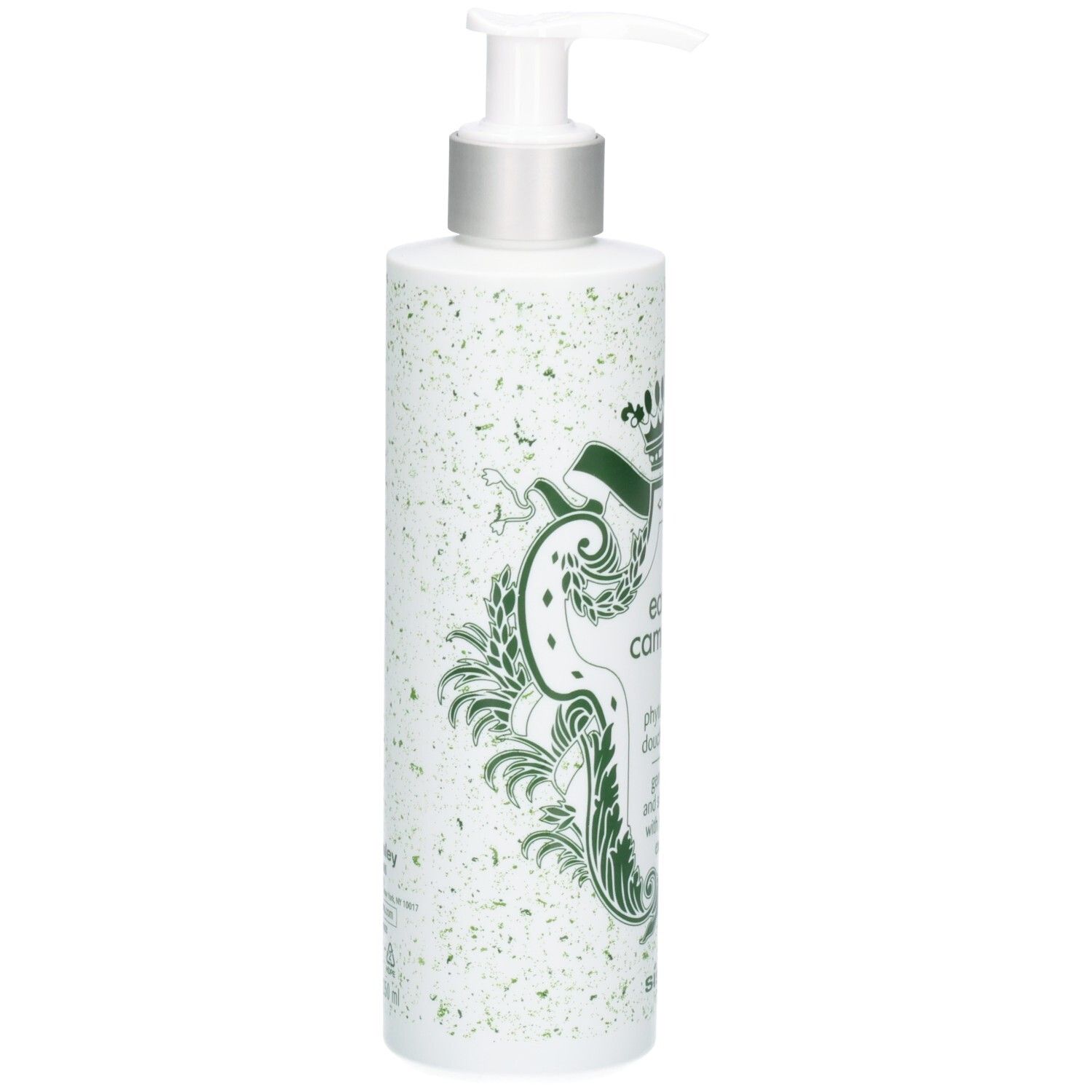 Sisley Eau de Campagne Duschgel, Seitenansicht. Weiße Flasche mit grünen Verzierungen und königlichem Wappen.
