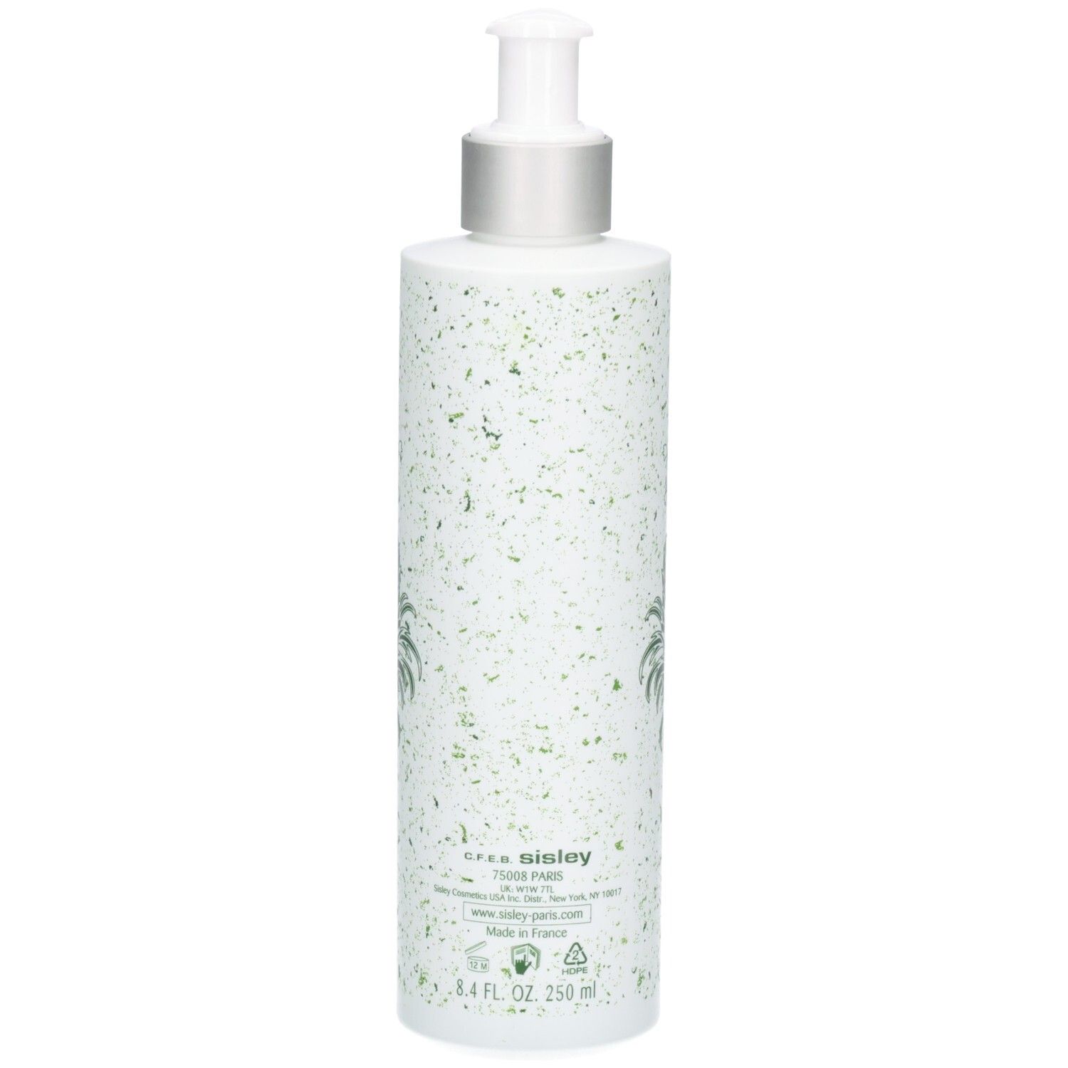 Sisley Eau de Campagne Duschgel, Rückseite. Weiße Flasche mit grünen Verzierungen, königlichem Wappen und 250ml Angabe.