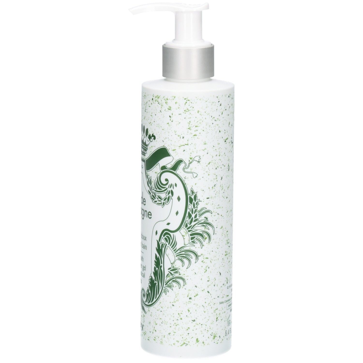 Sisley Eau de Campagne Duschgel, Seitenansicht. Weiße Flasche mit grünen Verzierungen und königlichem Wappen.