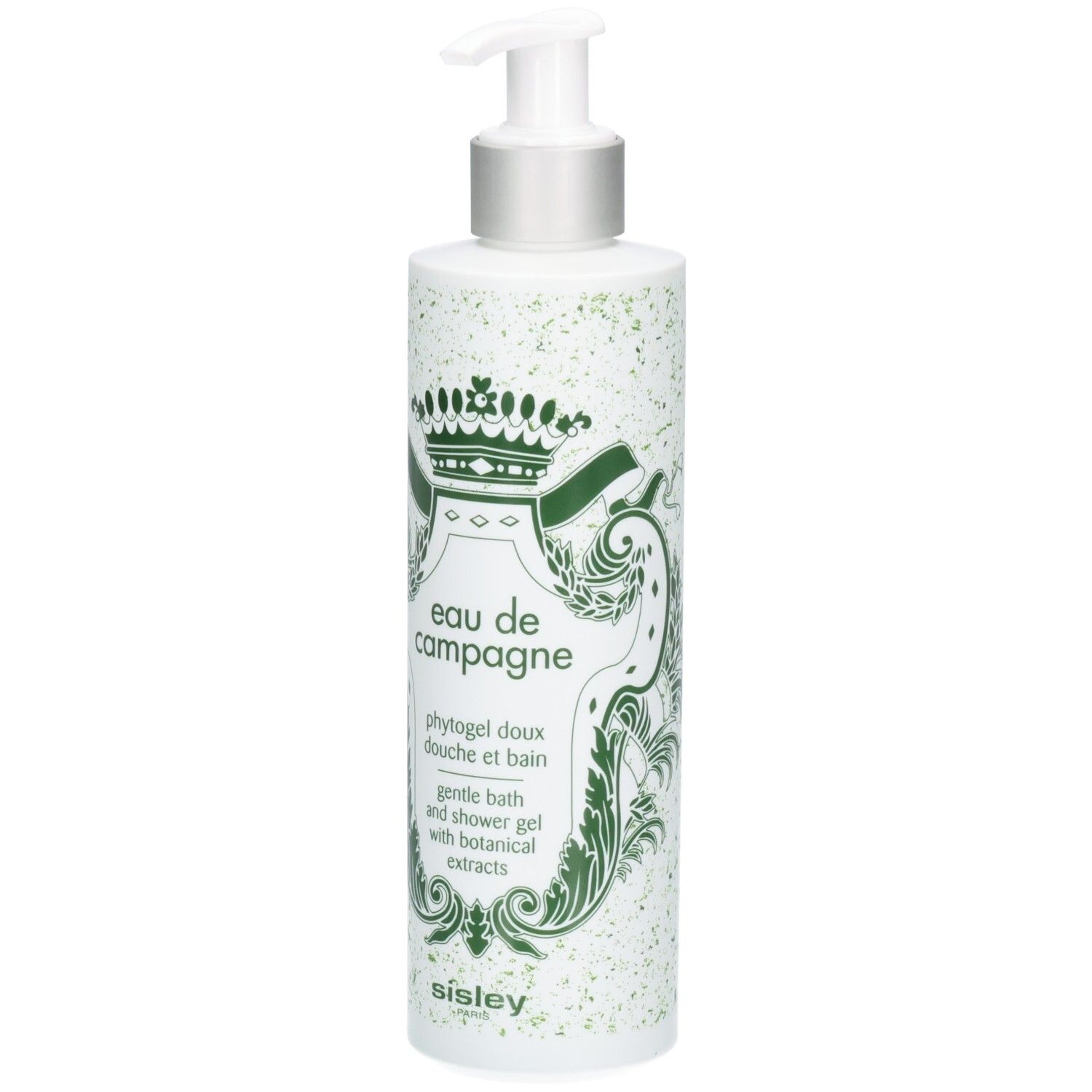 Sisley Eau de Campagne Duschgel mit Pumpspender. Weiße Flasche mit grünen Verzierungen und königlichem Wappen.