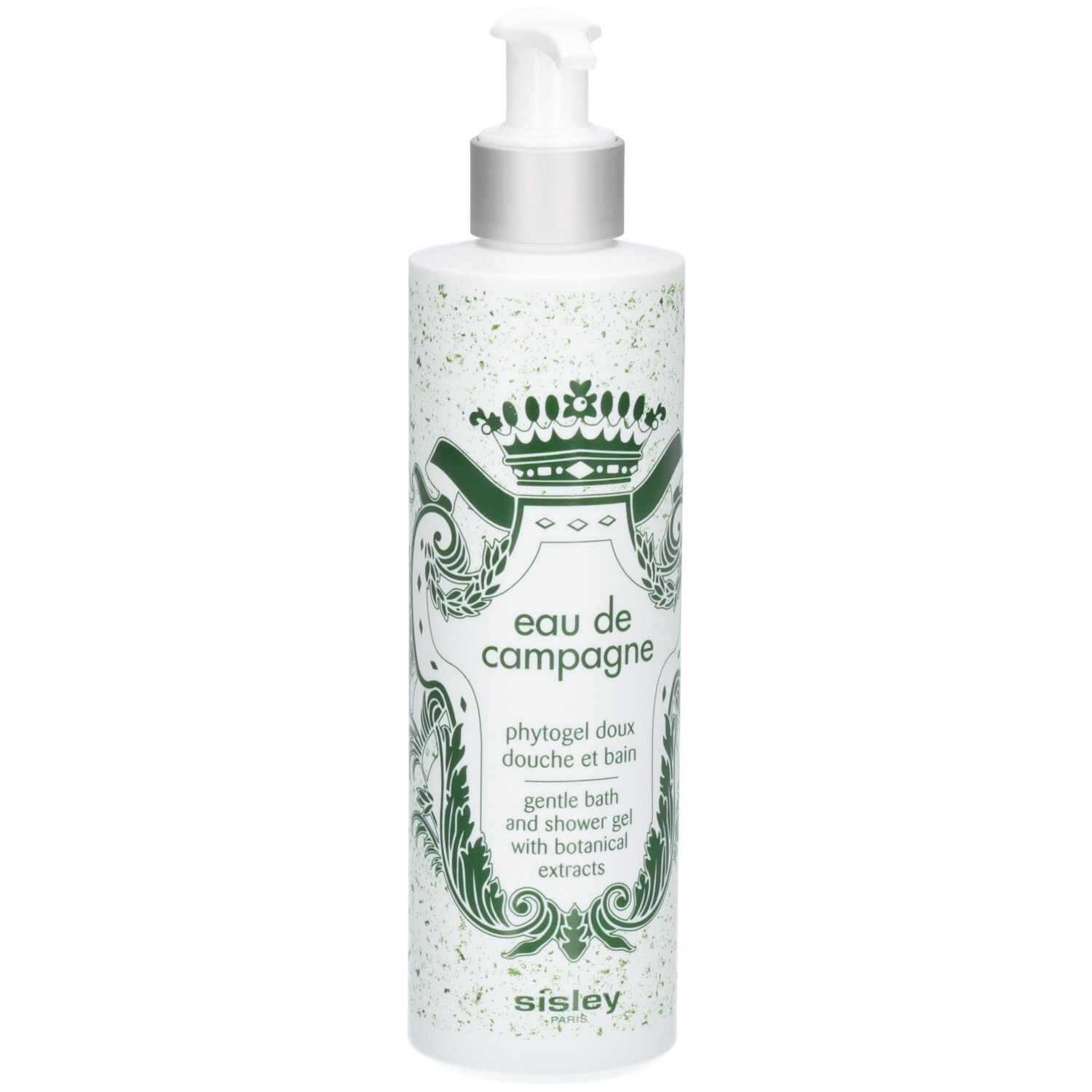 Sisley Eau de Campagne Duschgel mit Pumpspender. Weiße Flasche mit grünen Verzierungen und königlichem Wappen.