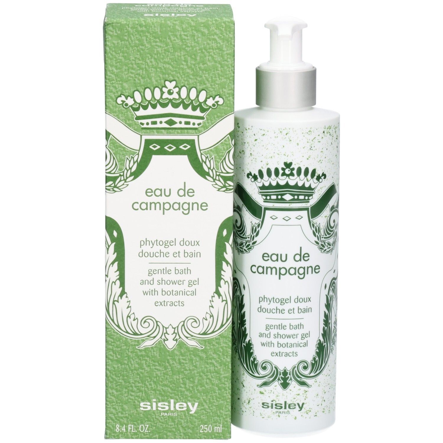 Sisley Eau de Campagne Duschgel und Verpackung. Weiße Flasche und grüne Box mit königlichem Wappen.