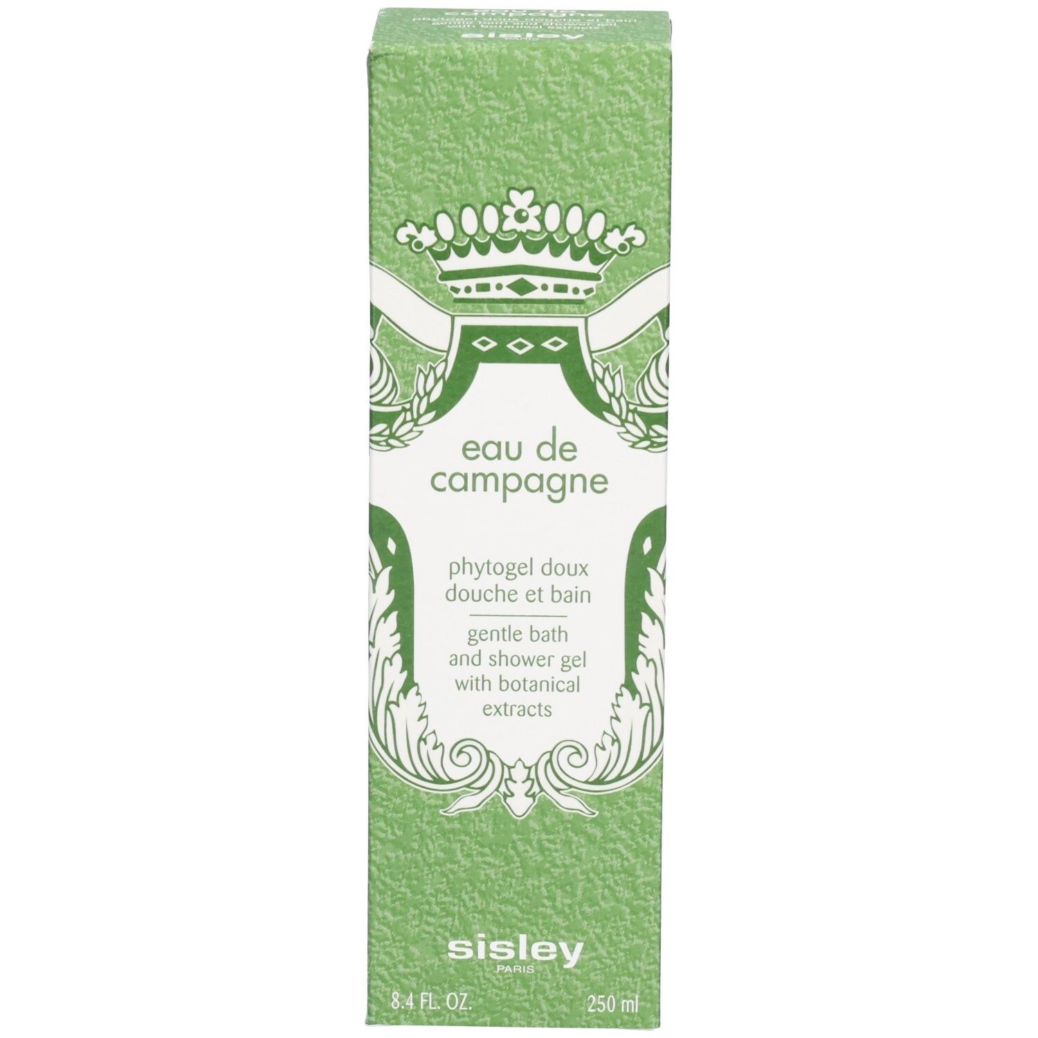 Sisley Eau de Campagne Duschgel Verpackung. Grüne Box mit königlichem Wappen und 250ml Angabe.