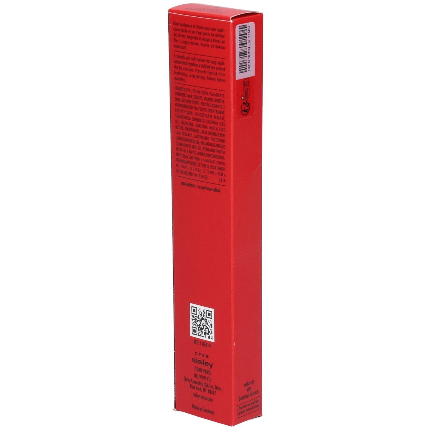 Sisley Phyto-Lèvres Perfect Lipliner, rote Verpackung mit detaillierten Anwendungshinweisen und QR-Code.