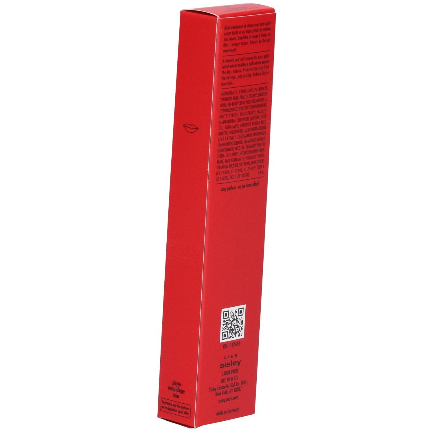 Sisley Phyto-Lèvres Perfect Lipliner, rote Verpackung mit Anwendungshinweisen, QR-Code und Sisley-Logo.