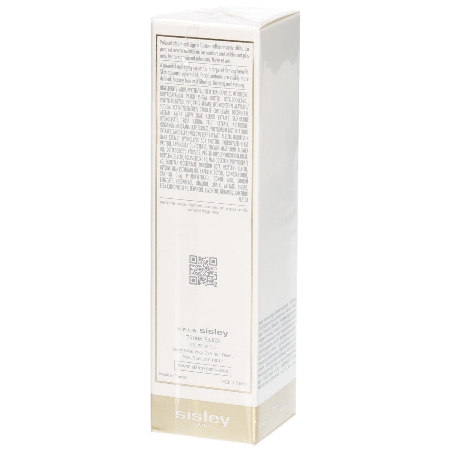 Sisley Sisleya L'Intégral Anti-Age Firming Concentrated Serum Verpackung, Seite mit Inhaltsstoffen.
