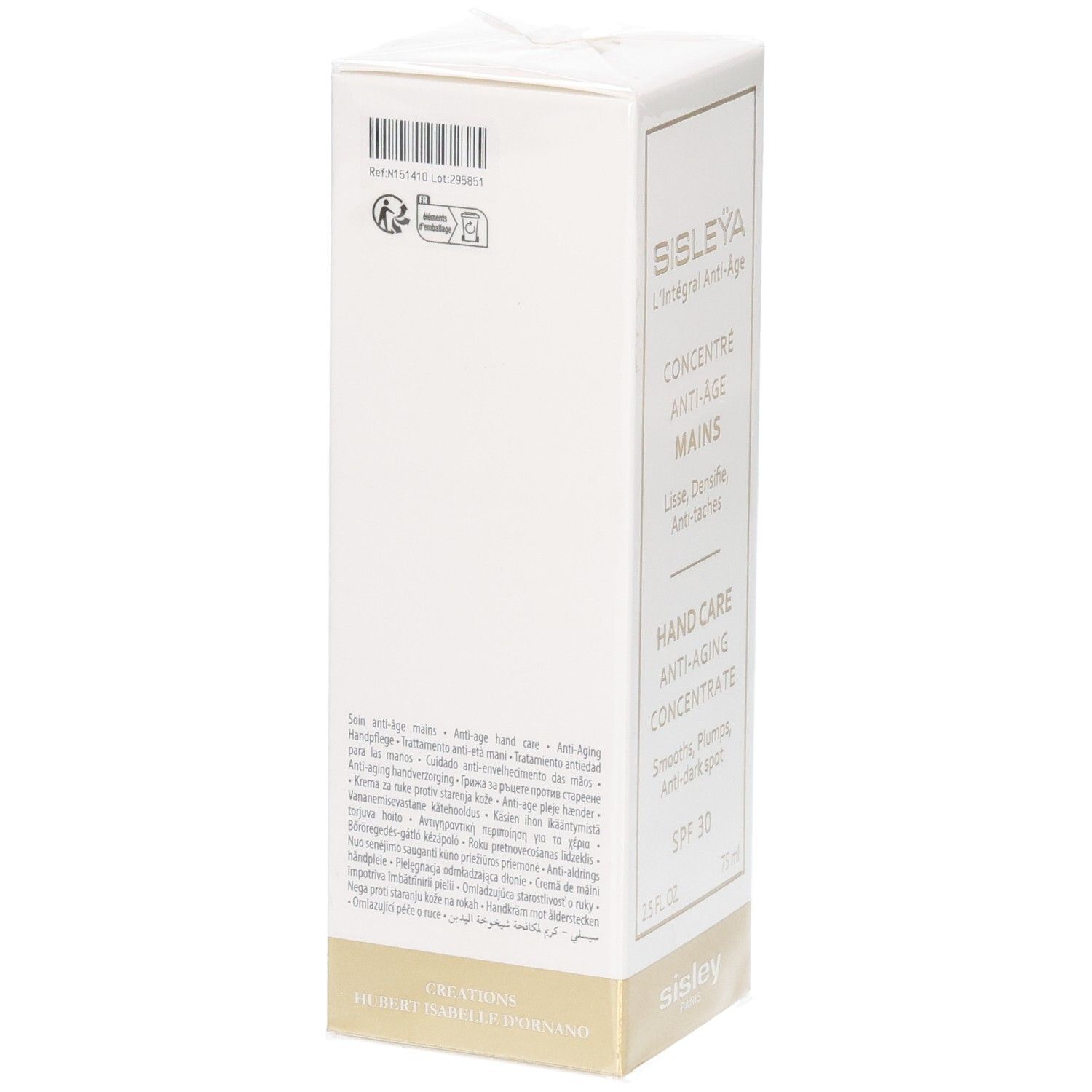 Sisley Sisleya L'Intégral Anti-Âge Handcreme-Konzentrat, SPF 30, Rückseite mit Barcode und Zertifizierungen.