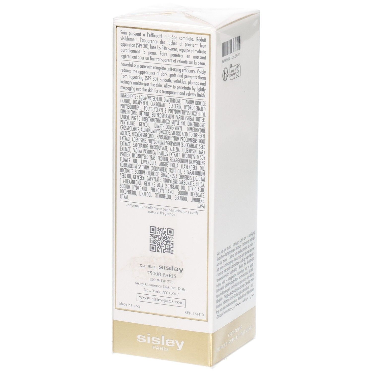 Sisley Sisleya L'Intégral Anti-Âge Handcreme-Konzentrat, SPF 30, Seite mit Inhaltsstoffen und QR-Code.
