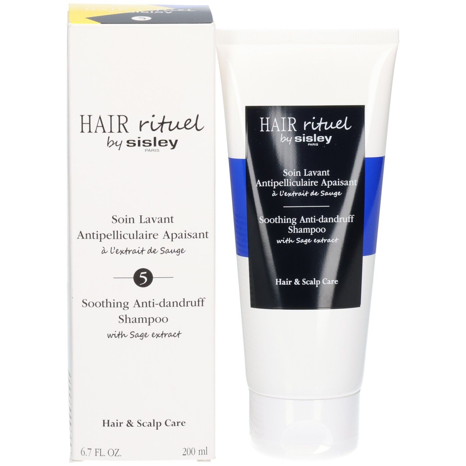 Verpackung und Tube von Hair Rituel by Sisley beruhigendem Anti-Schuppen-Shampoo.