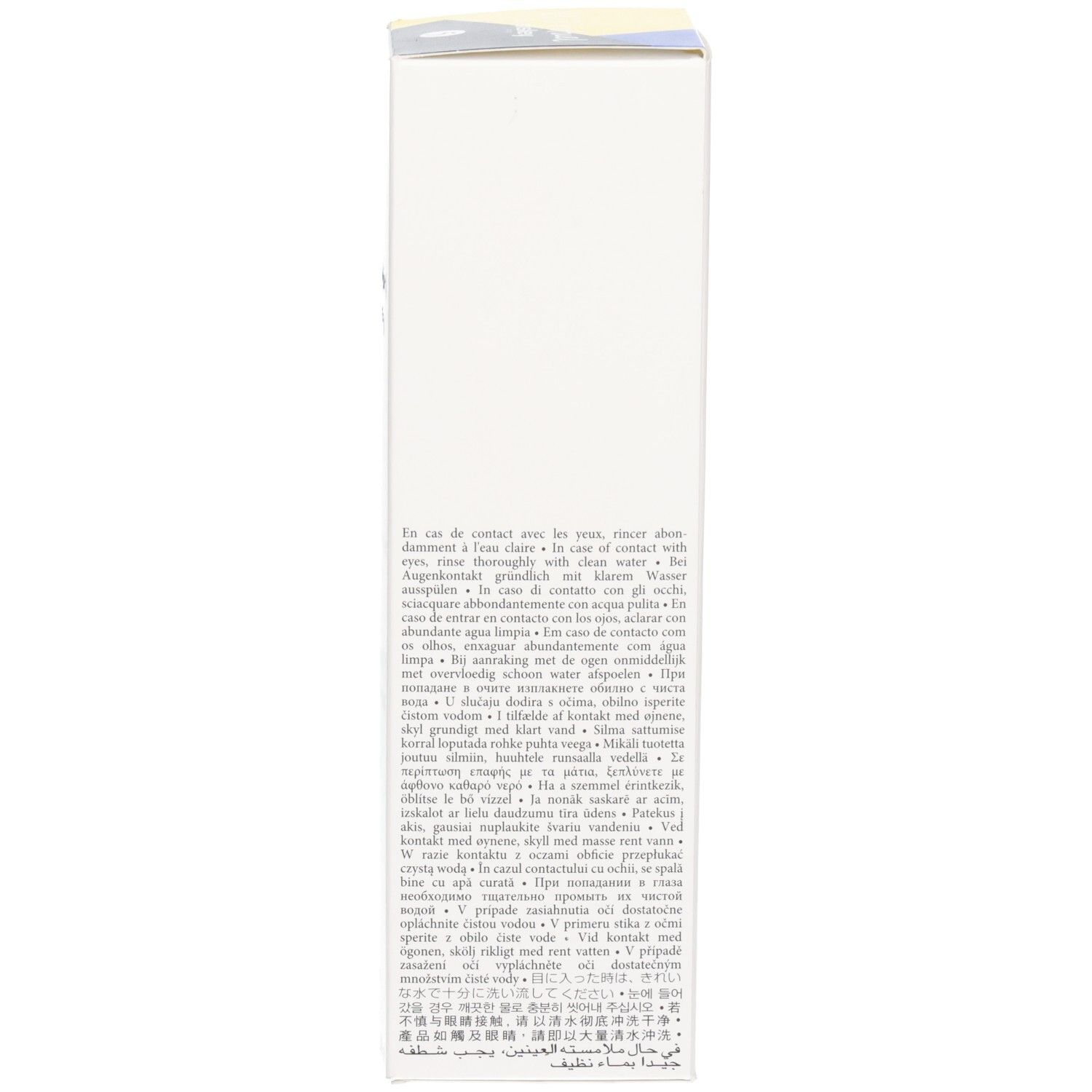 Seite der Verpackung mit mehrsprachigen Anwendungshinweisen.