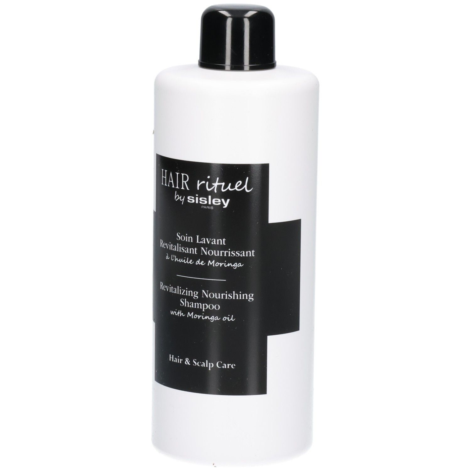 Weiße Flasche mit schwarzem Etikett: Revitalizing Nourishing Shampoo.