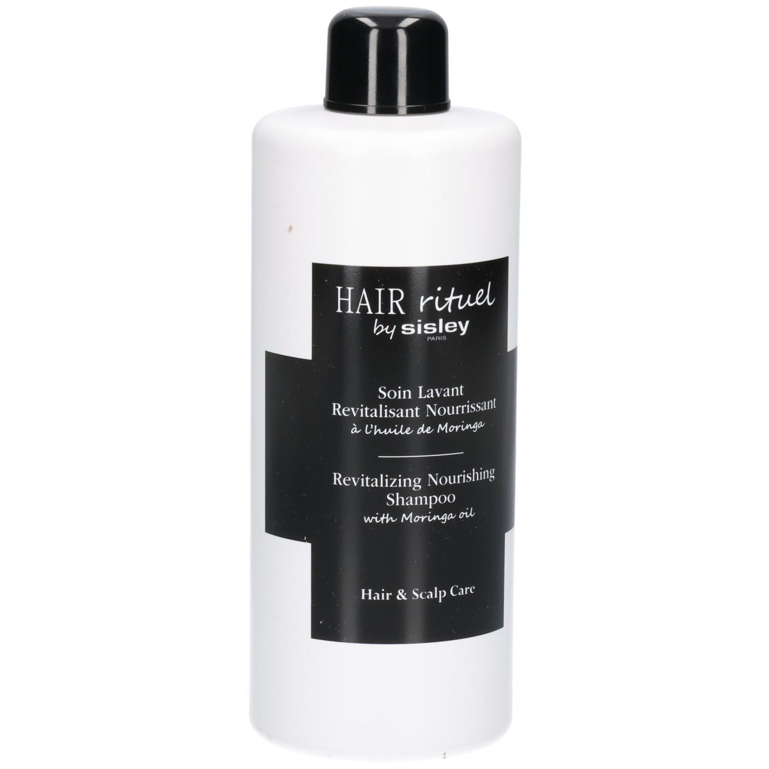 Weiße Flasche mit schwarzem Etikett: Revitalizing Nourishing Shampoo.