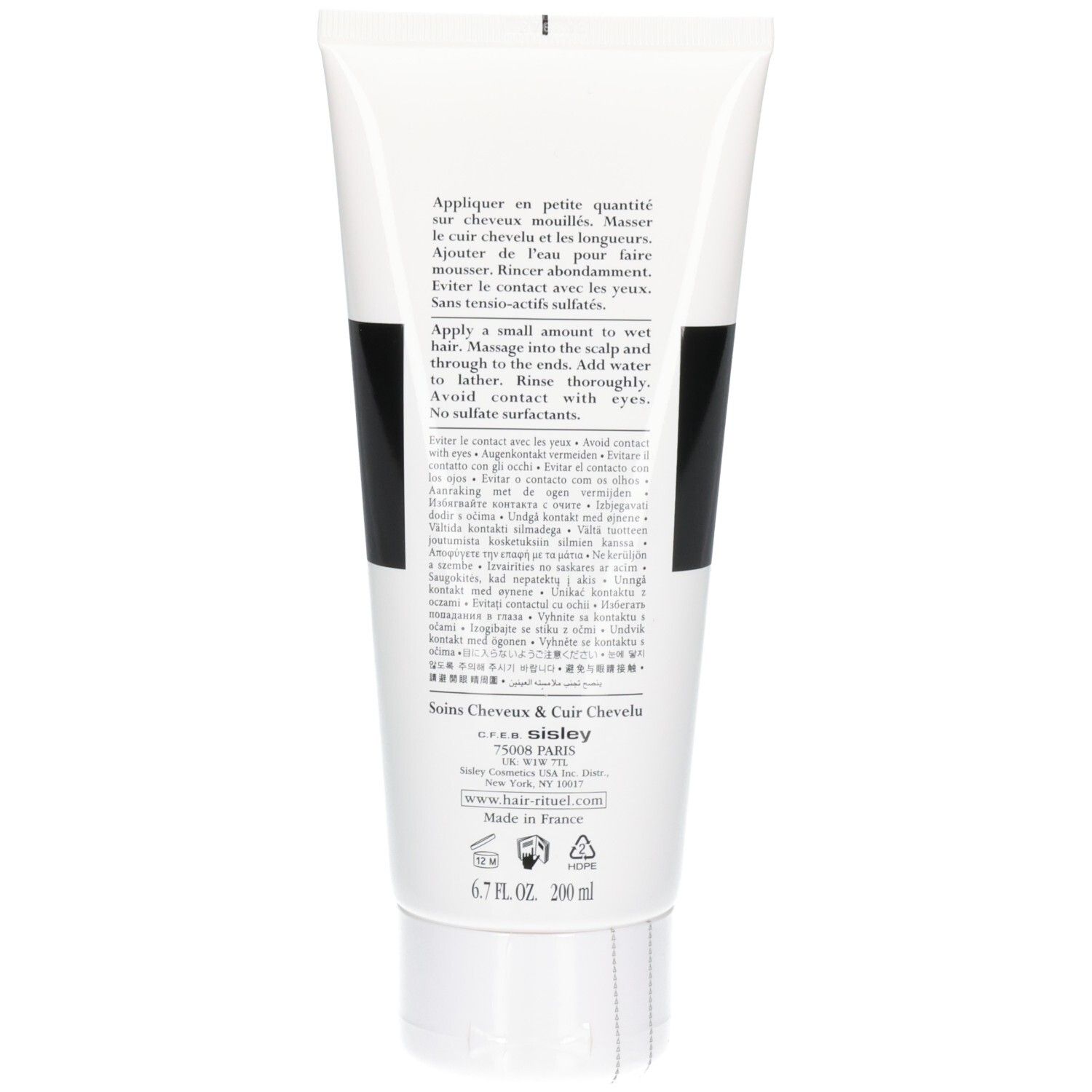 Rückseite der Tube mit Anwendungshinweisen für das Shampoo.