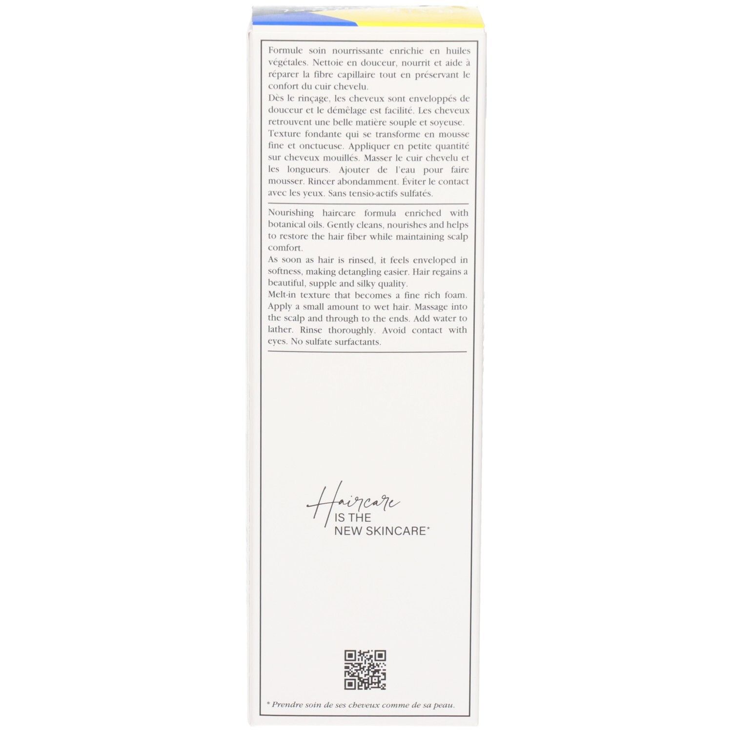 Seite der Kartonverpackung mit Anwendungshinweisen und QR-Code.